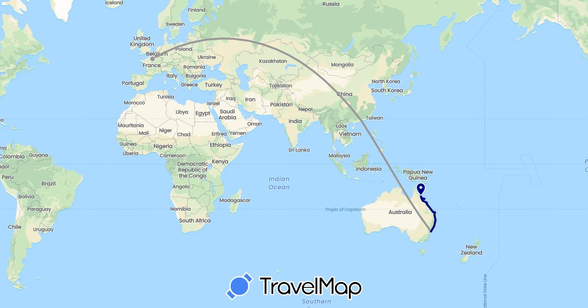 TravelMap itinerary: driving, plane in Australia, France, Hong Kong (Asia, Europe, Oceania)